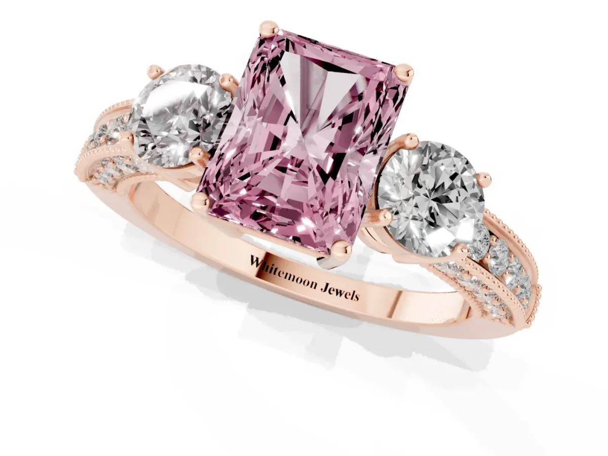 Fancy Pink Radiant Cut Three-Stone Diamond Ring with Pavé Band and Four-Prong Setting Rose gold