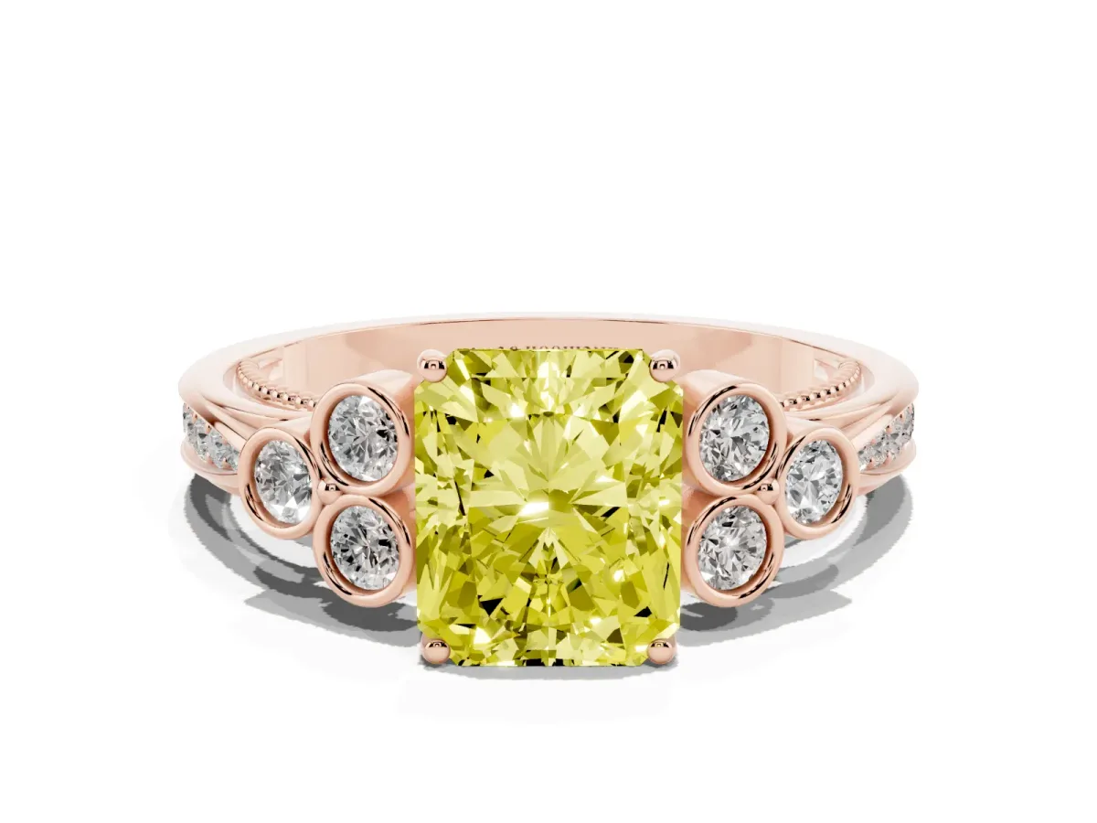 Fancy Yellow Radiant Cut Cut Diamond Engagement Ring with Bezel Set Round Side Stones and Prong Setting Rose gold