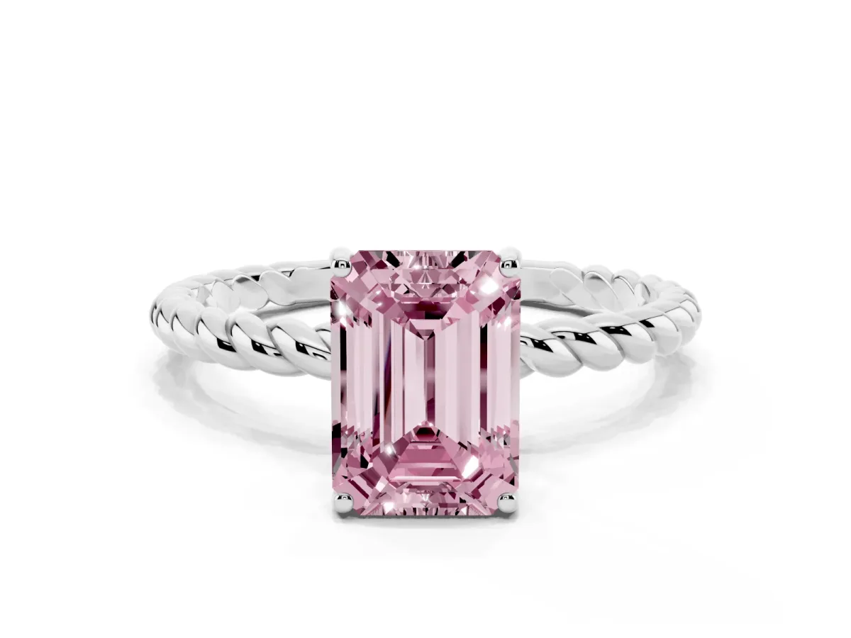Fancy Pink Emerald Cut Solitaire Twisted Band 4-Prong Ring Silver