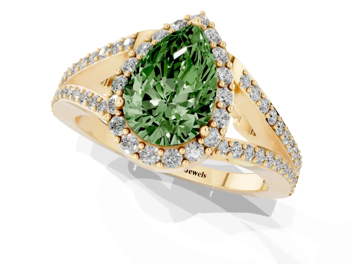 Fancy Green Pear Cut Halo Split Shank Pave Diamond Ring with Four-Prong Setting Yellow gold