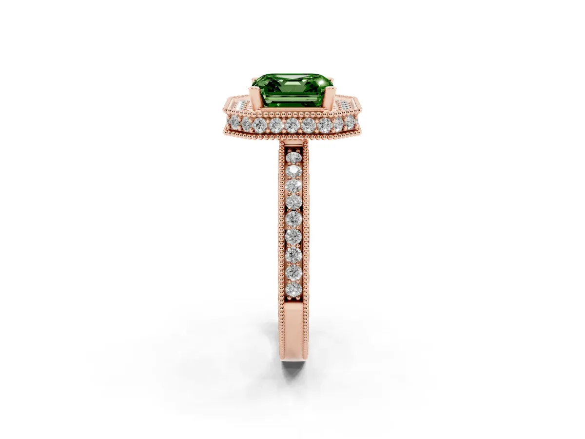 Fancy Green Asscher Cut Diamond Milgrain Halo Engagement Ring with Round Pavé Band and Prong Setting Rose gold