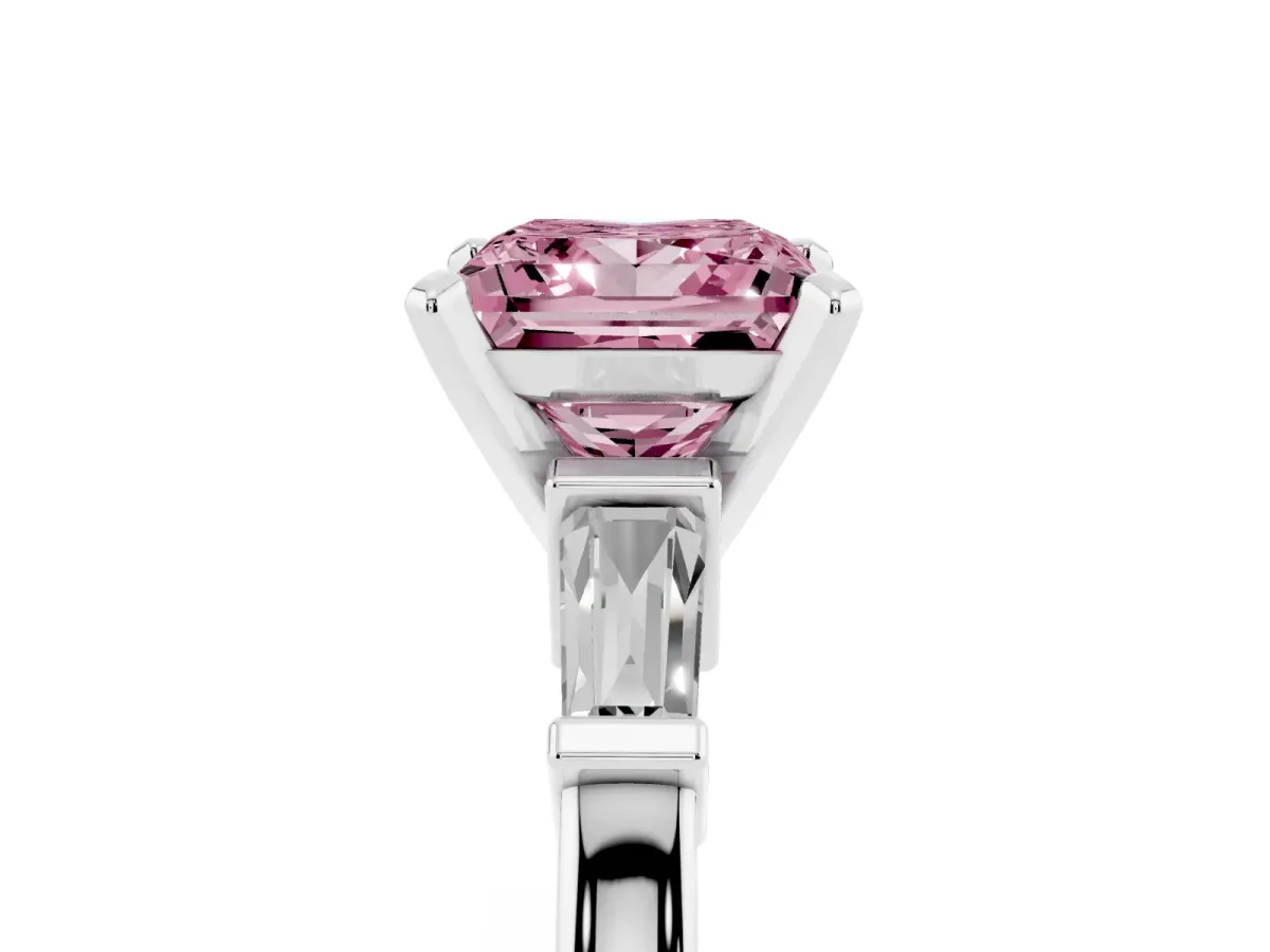 Fancy Pink Princess Cut Cut Diamond Solitaire Ring with Tapered Baguette Accents and Four-Prong Setting Silver