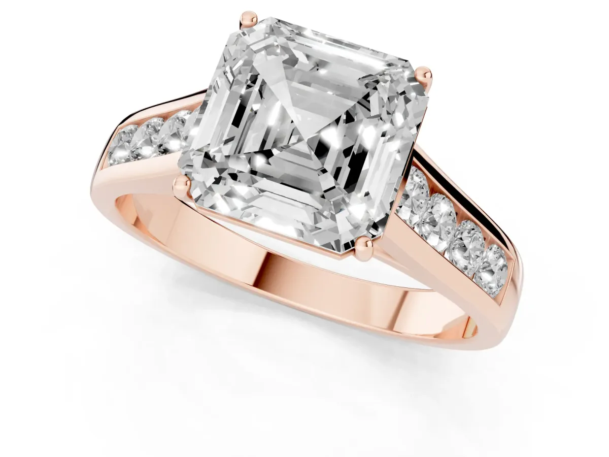Asscher Cut Brilliant Channel-Set Solitaire Ring with Four-Prong Setting Rose gold