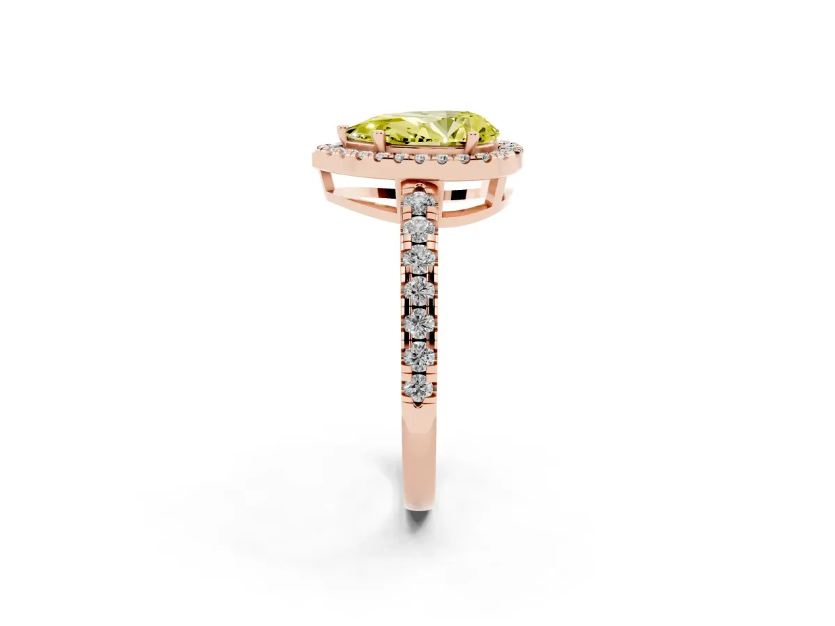 Fancy Yellow Pear Cut Diamond Halo Ring with Pavé Band and Four-Prong Setting Rose gold