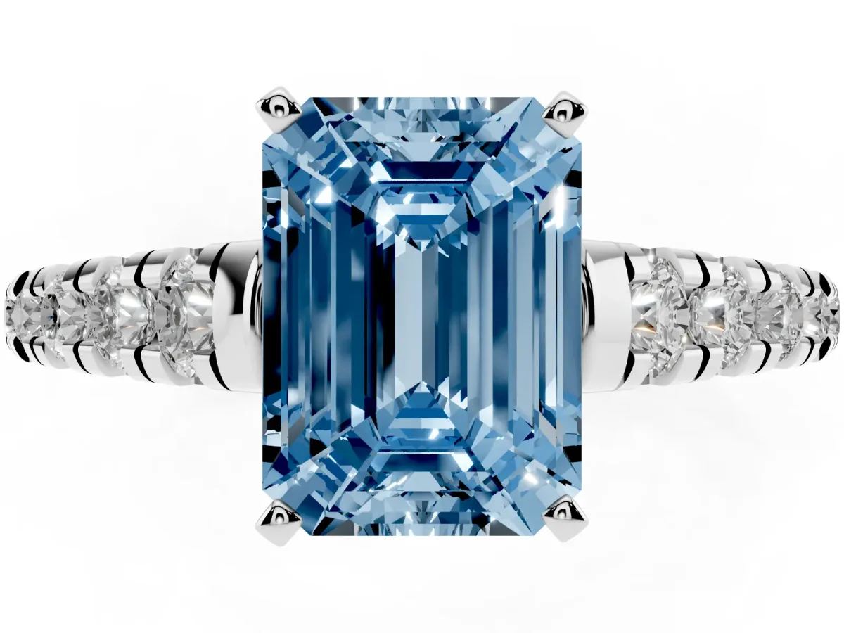 Fancy Blue Emerald Cut Diamond Cathedral Solitaire Ring with Round Pavé Band Silver