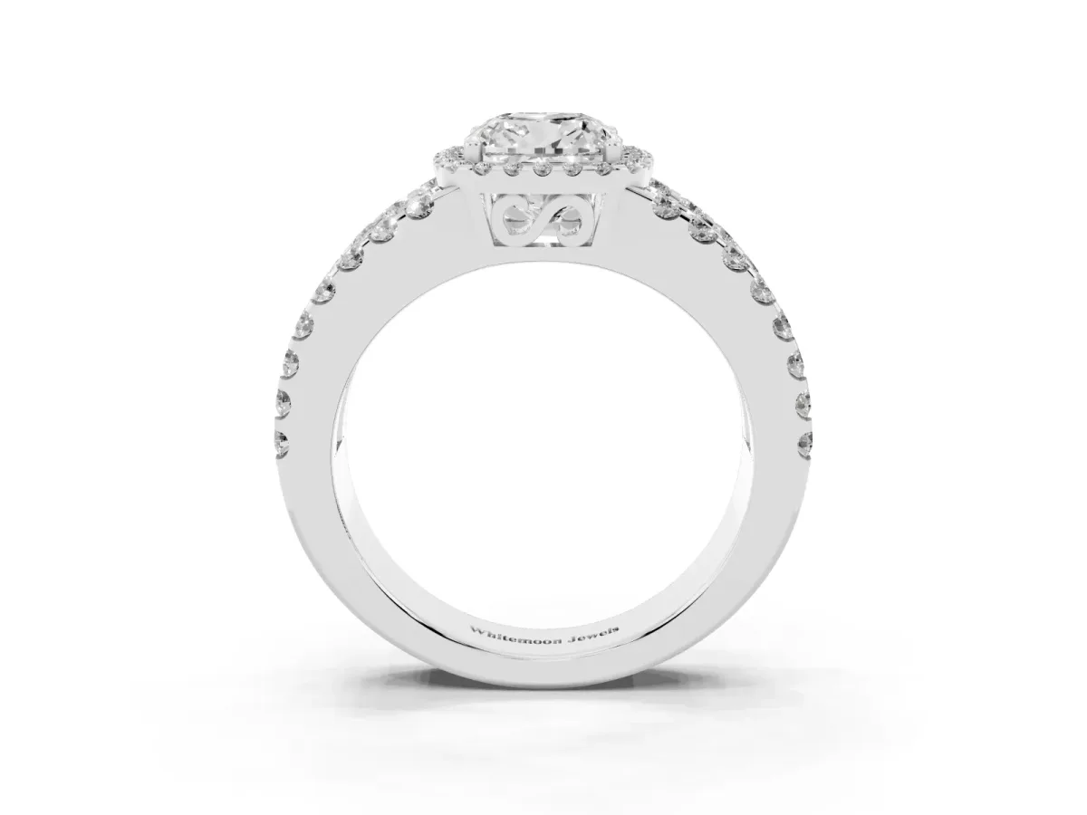 Cushion Cut Cut Halo Split Shank Diamond Ring with Four-Prong Setting White gold