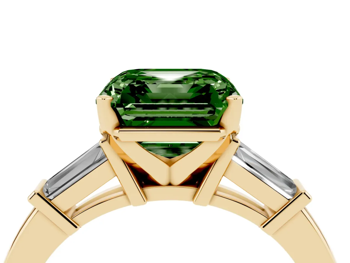 Fancy Green Asscher Cut Cut Diamond Solitaire Ring with Tapered Baguette Accents and Four-Prong Setting Yellow gold