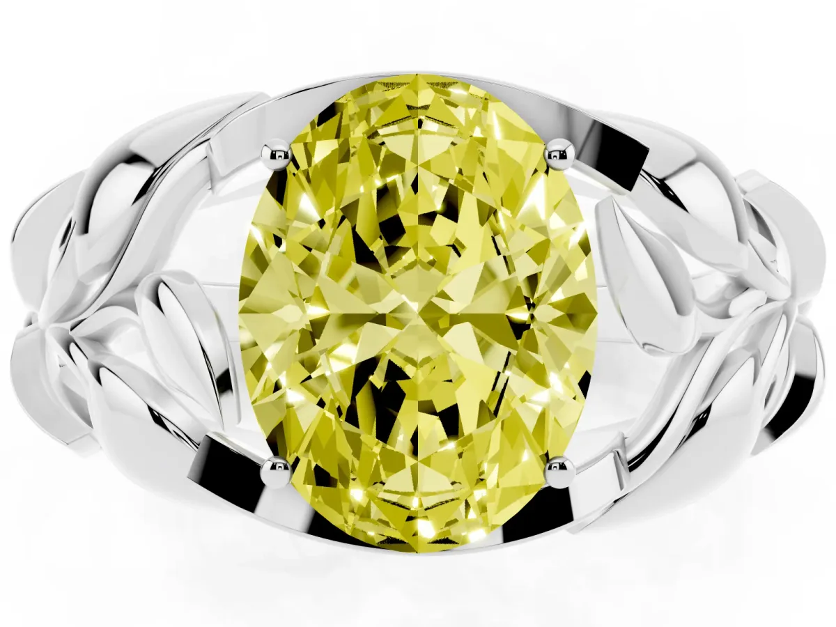 Fancy Yellow Oval Cut Diamond Leaf-Inspired Engagement Ring with Round Accents and Prong Setting White gold