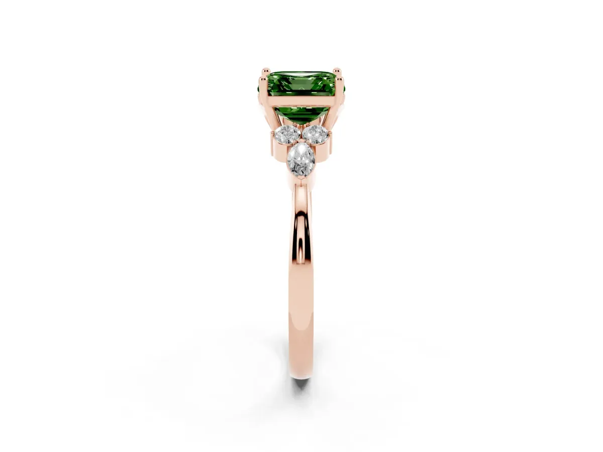 Fancy Green Asscher Cut Brilliant Diamond Solitaire Ring with Pear Side Stones and Four-Prong Setting Rose gold