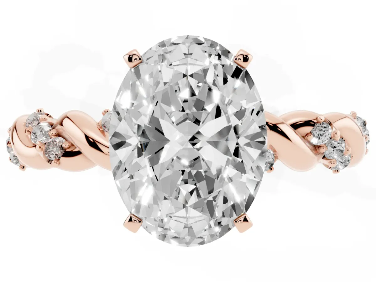 Oval Cut Diamond Solitaire Ring with Twisted Band and Pavé Accents Rose gold