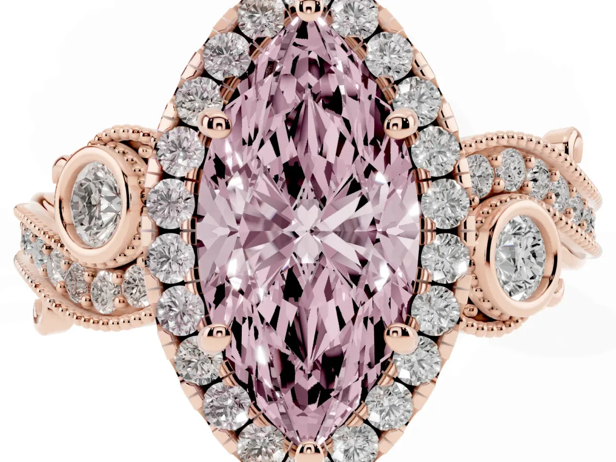 Fancy Pink Marquise Cut Halo Diamond Ring with Milgrain and Bezel Accents on a Split Shank Band Rose gold