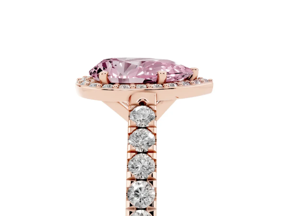 Fancy Pink Pear Cut Cut Halo Diamond Engagement Ring with Pave Band and Four-Prong Setting Rose gold