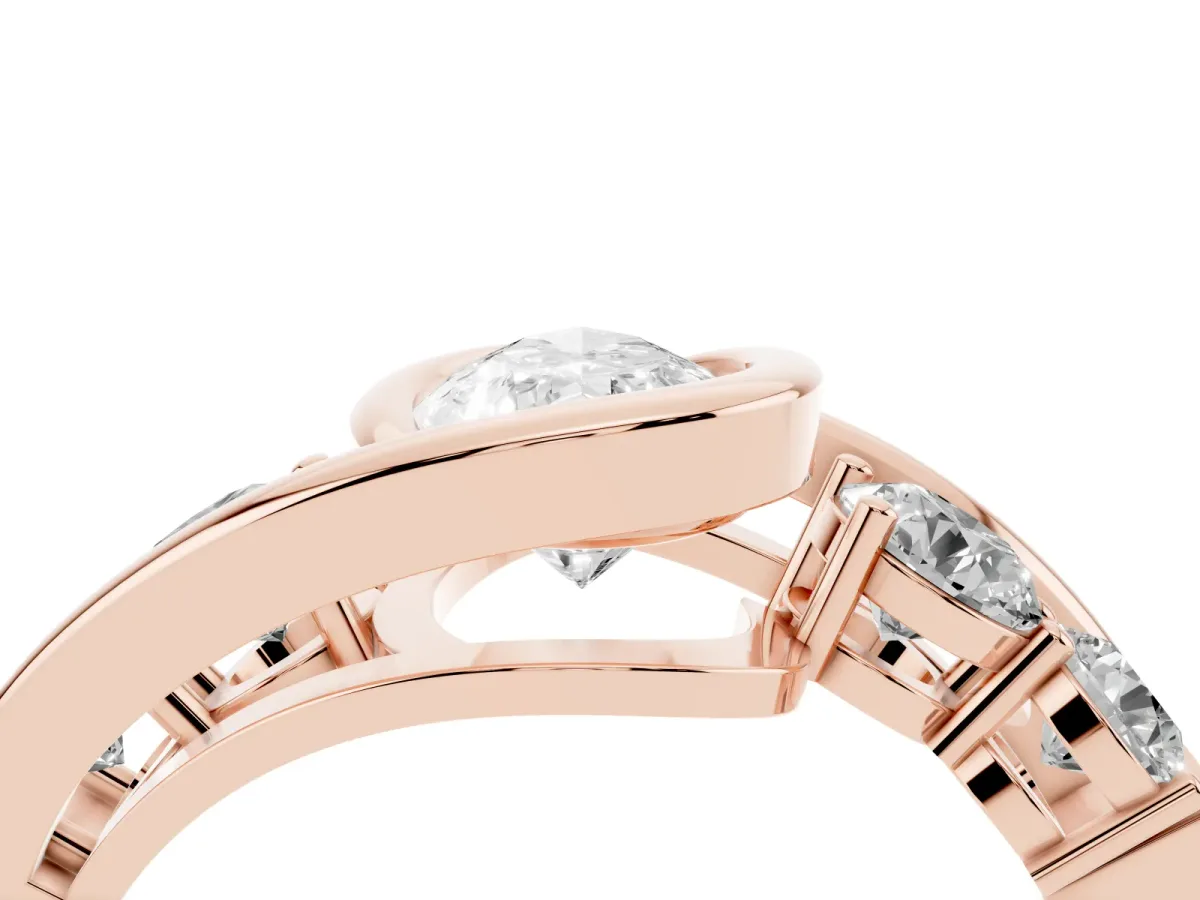 Bezel Set Pear Cut Diamond Bypass Ring with Round Accents Rose gold
