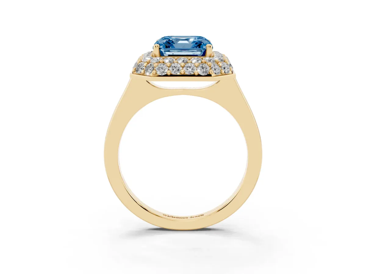 Fancy Blue Asscher Cut Halo Diamond Engagement Ring with Solitaire Band and Four-Prong Setting Yellow gold