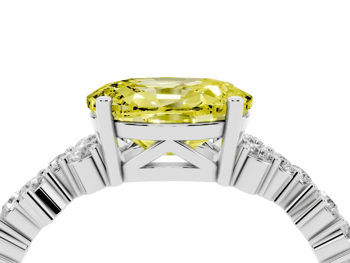 Fancy Yellow Oval Cut Diamond Scattered Round Accent Ring with Prong Setting White gold