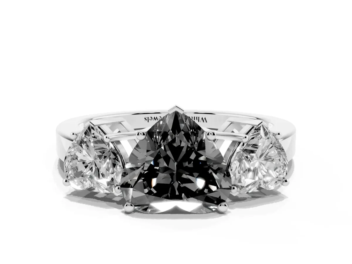 Fancy Black Three-Stone Heart Cut Cut Diamond Engagement Ring with Flat Band and Four-Prong Setting Silver