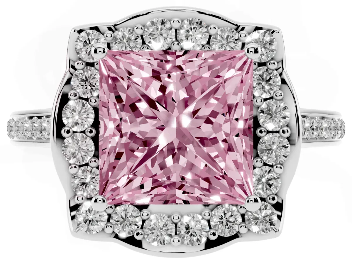 Fancy Pink Princess Cut Halo Round Diamond Pave Band with Four-Prong Setting Silver