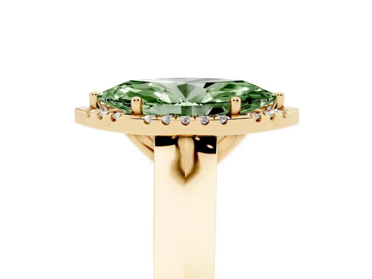 Fancy Green Marquise Cut Halo Diamond Ring with Cathedral Band and Four-Prong Setting Yellow gold