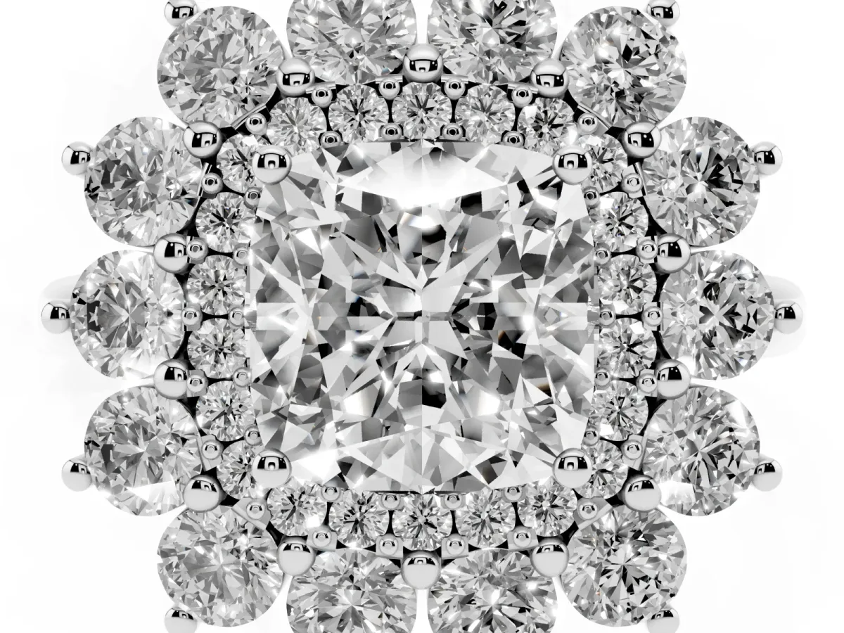 Cushion Cut Diamond Floral Double Halo Engagement Ring with Prong Setting Silver