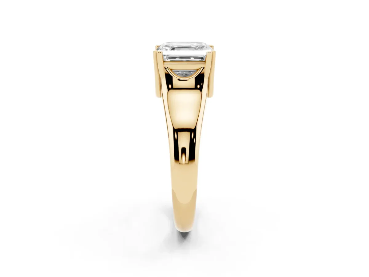 Asscher Cut Diamond Solitaire Ring with Wide Band and Prong Setting Yellow gold