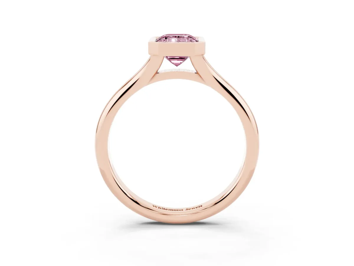 Fancy Pink Bezel Set Emerald Cut Solitaire Diamond Ring with Smooth Band Rose gold