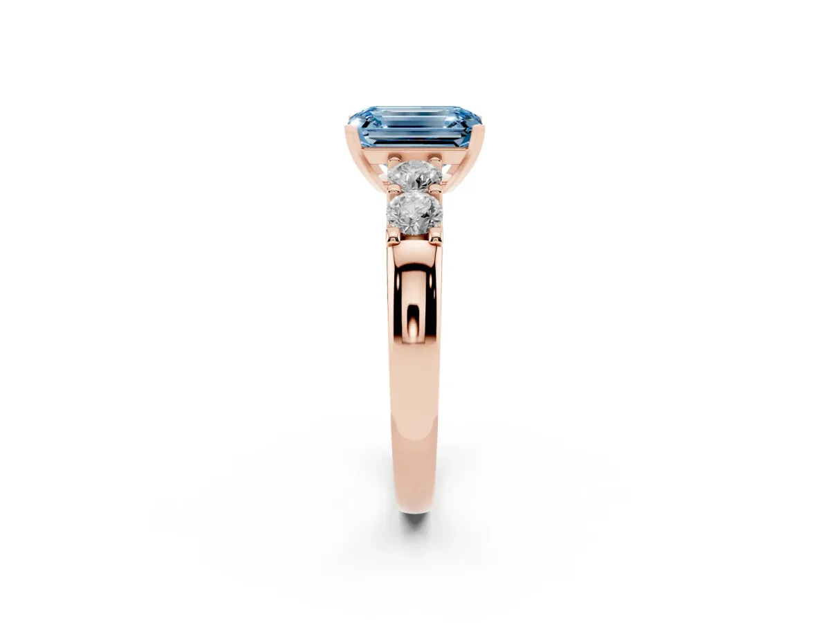 Fancy Blue Emerald Cut Brilliant Cut Diamond Five-Stone Prong Set Engagement Ring with Channel Band Rose gold