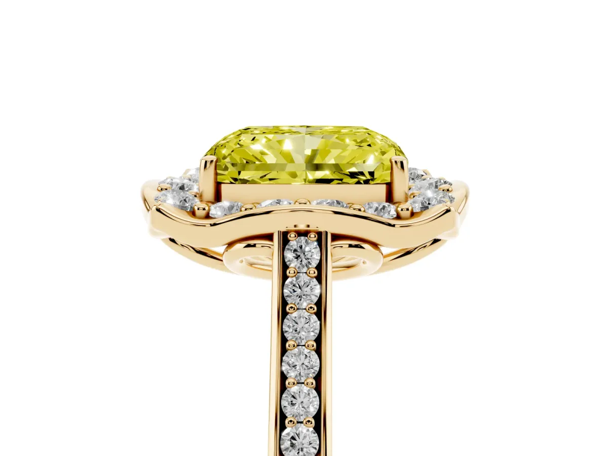 Fancy Yellow Radiant Cut Halo Round Diamond Pave Band with Four-Prong Setting Yellow gold