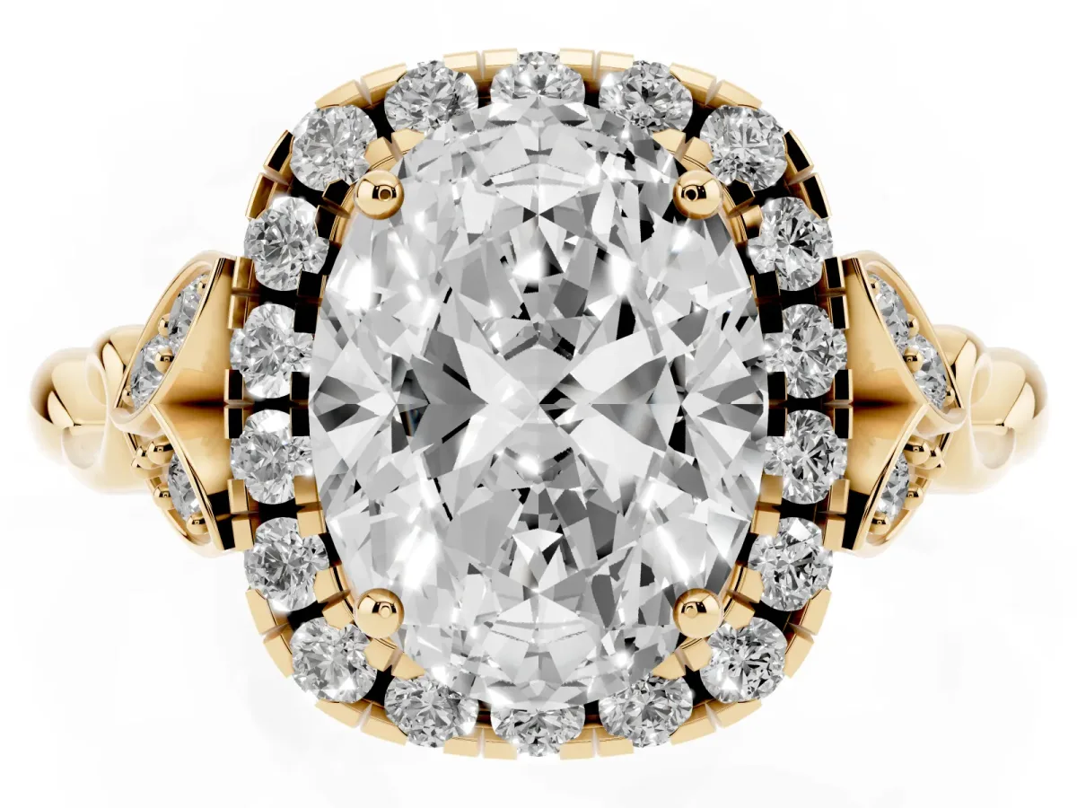 Oval Cut Halo Diamond Engagement Ring with Vintage-Inspired Band and Four-Prong Setting Yellow gold