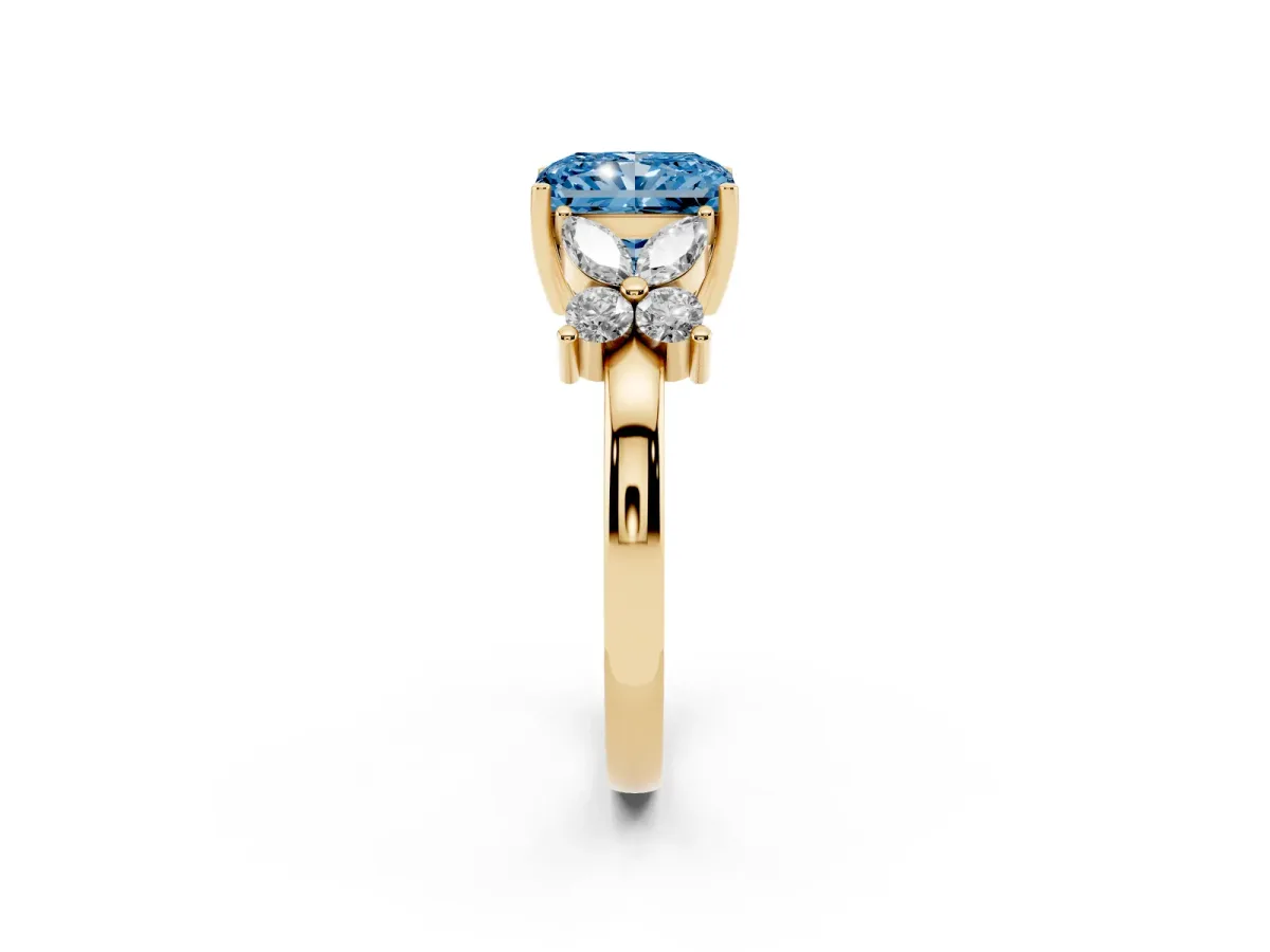 Fancy Blue Radiant Cut Diamond Floral Cluster Ring with Solitaire Band and Prong Setting Yellow gold