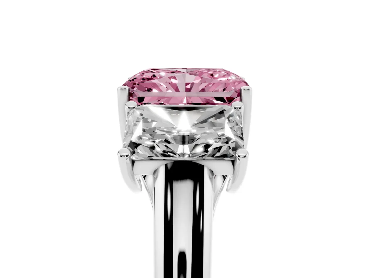 Fancy Pink Three-Stone Radiant Cut Diamond Engagement Ring with Prong Setting Silver