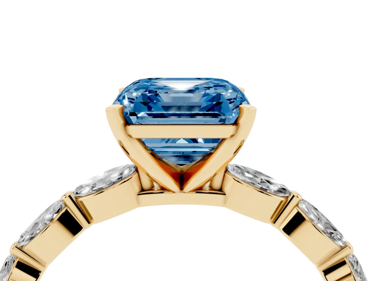 Fancy Blue Asscher Cut Diamond Ring with Marquise Side Stones and Prong Setting Yellow gold