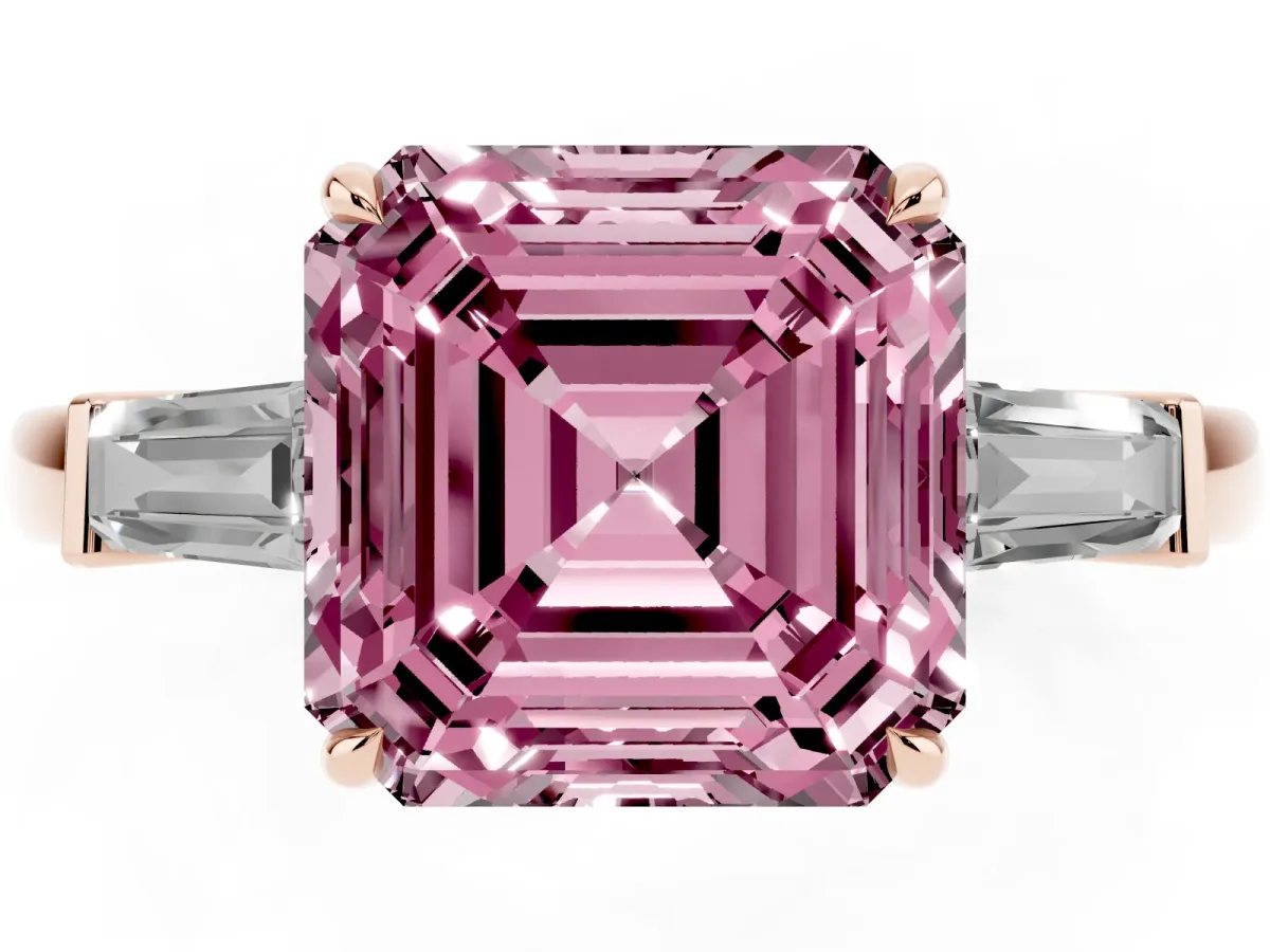 Fancy Pink Asscher Cut Diamond Three-Stone Ring with Tapered Baguette Side Stones and Prong Setting Rose gold