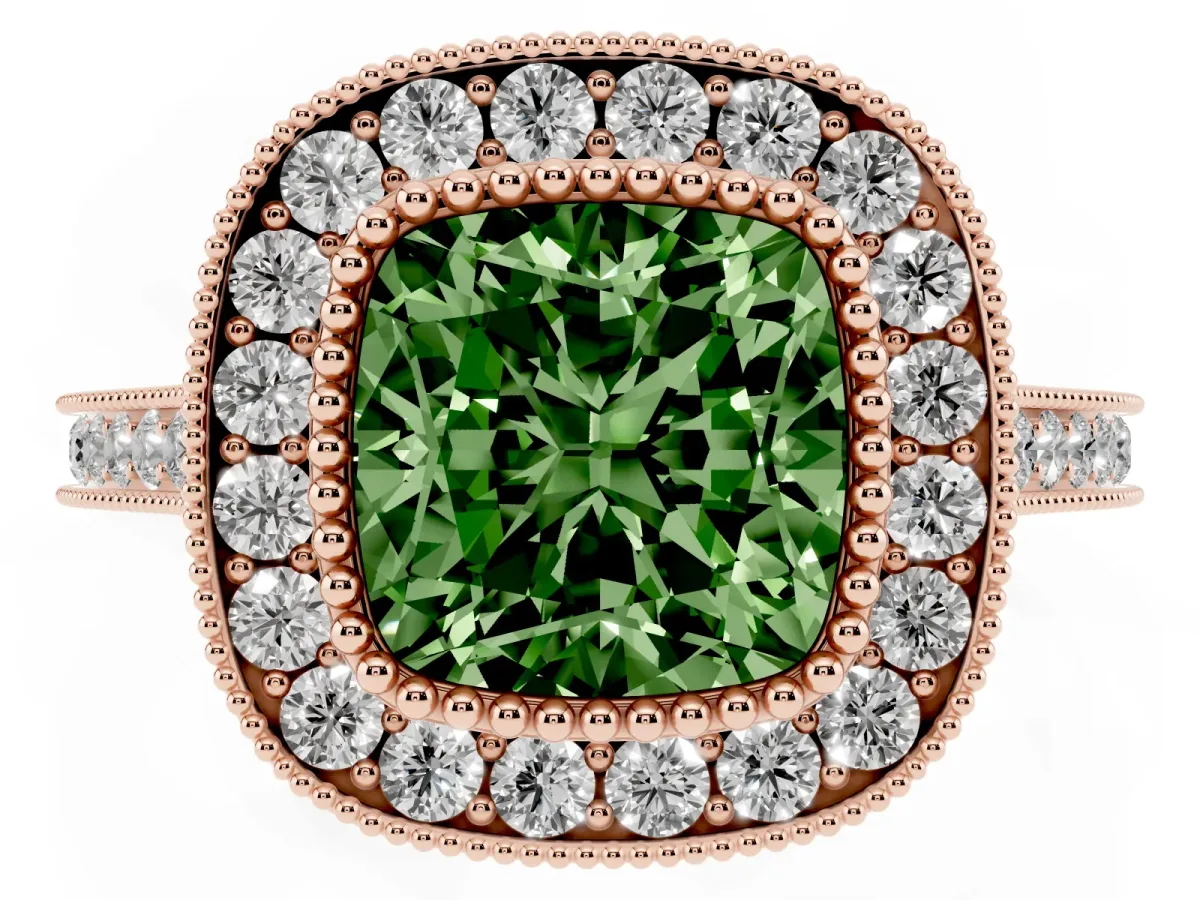 Fancy Green Cushion Cut Diamond Halo Ring with Milgrain Frame and Pavé Band Rose gold