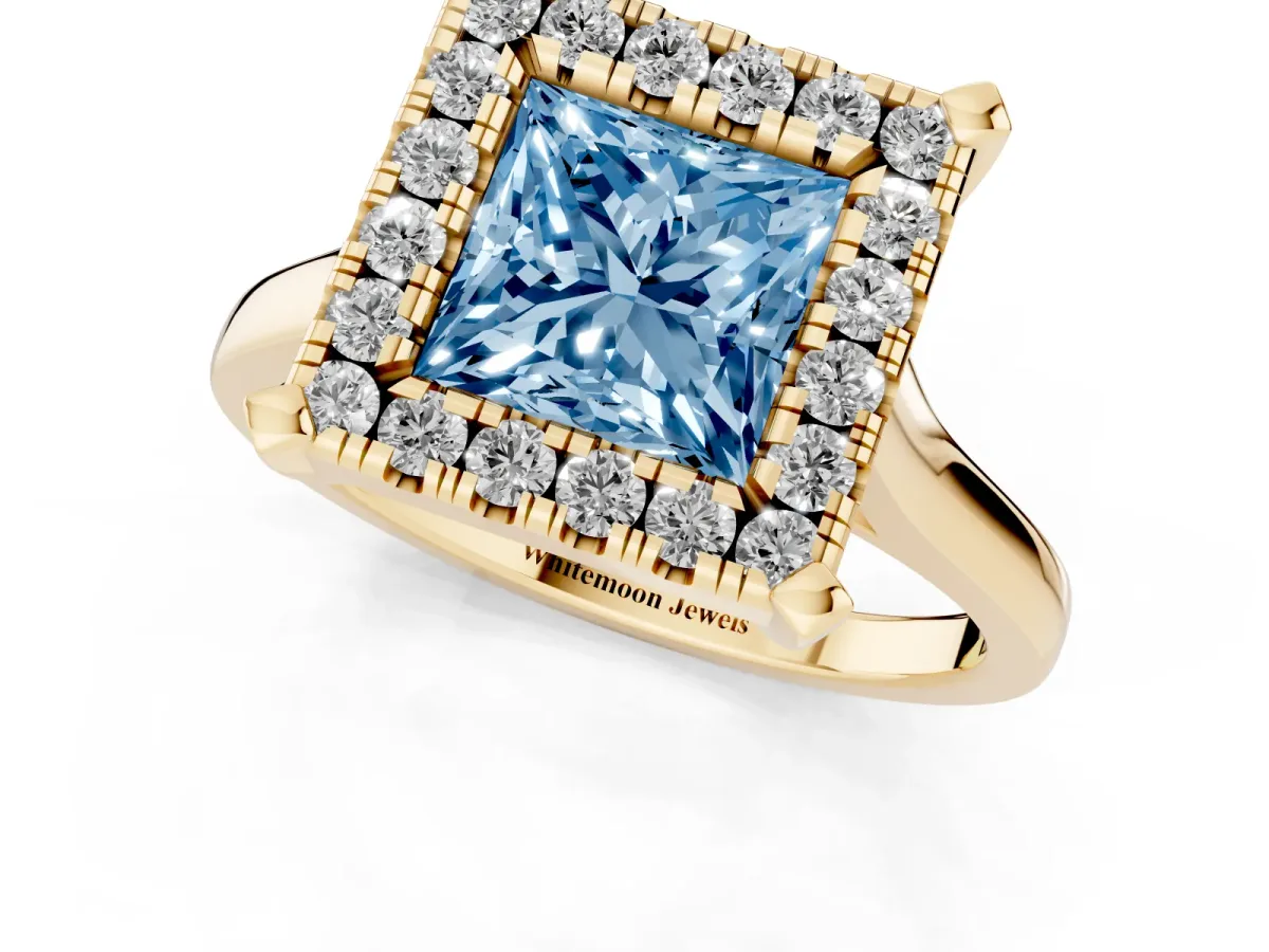 Fancy Blue Princess Cut Diamond Cluster Halo Solitaire with Four-Prong Setting Yellow gold