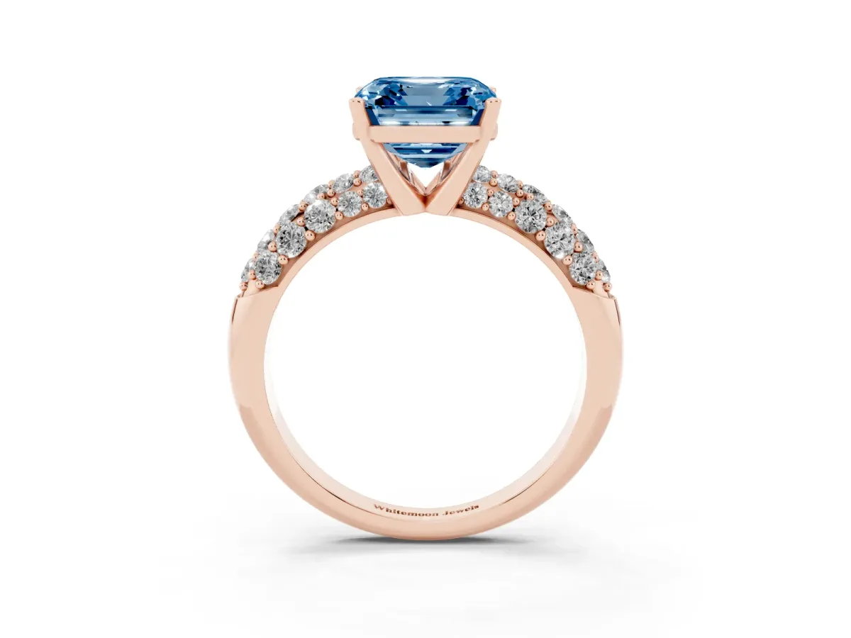 Fancy Blue Asscher Cut Diamond Pavé Band Solitaire Ring with Four-Prong Setting Rose gold