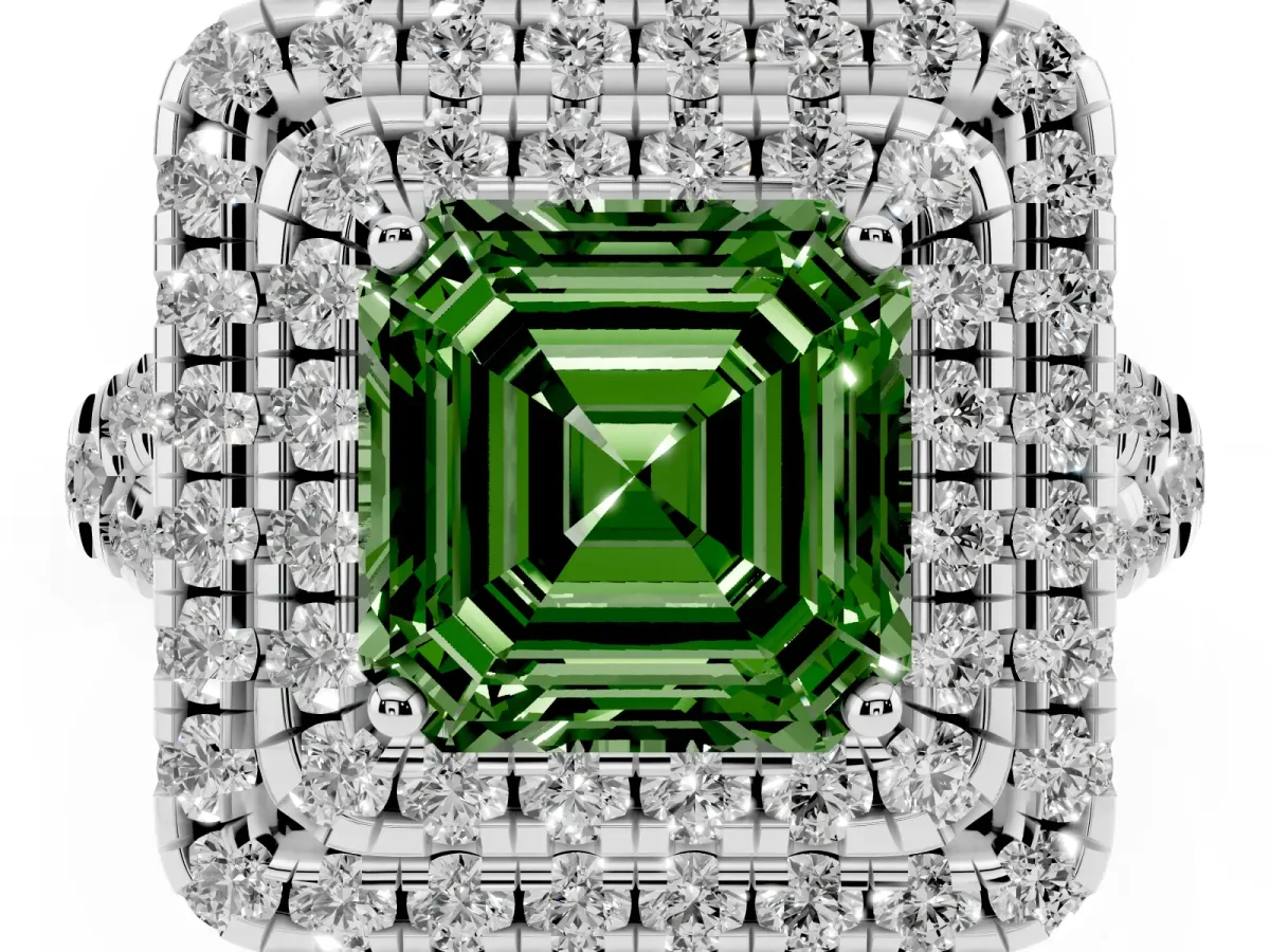 Fancy Green Double Halo Asscher Cut Diamond Pavé Split Shank Ring with Prong Setting Silver