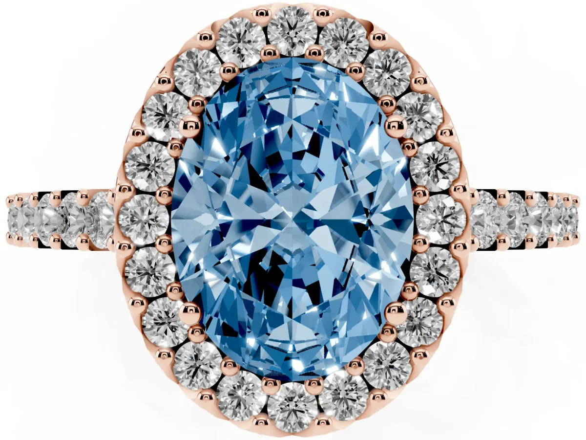 Fancy Blue Oval Cut Halo Diamond Pavé Solitaire Ring Rose gold