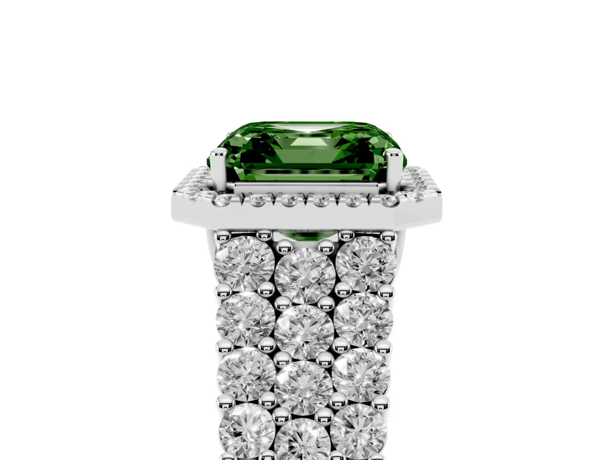 Fancy Green Asscher Cut Diamond Halo Engagement Ring with Triple Row Round Pavé Band and Prong Setting Platinum