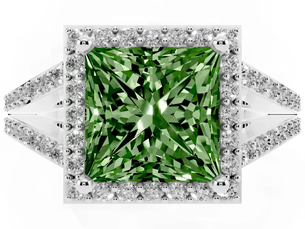 Fancy Green Princess Cut Halo Split Shank Pave Diamond Ring with Four-Prong Setting Silver