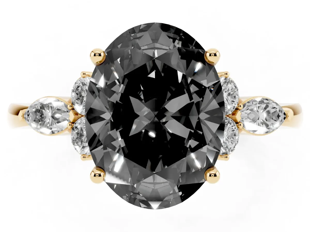 Fancy Black Oval Cut Brilliant Diamond Solitaire Ring with Pear Side Stones and Four-Prong Setting Yellow gold