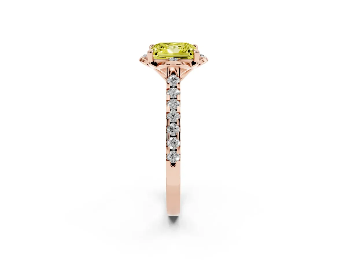 Fancy Yellow Princess Cut Diamond Ring with Pavé Band and Floral Prong Setting Rose gold