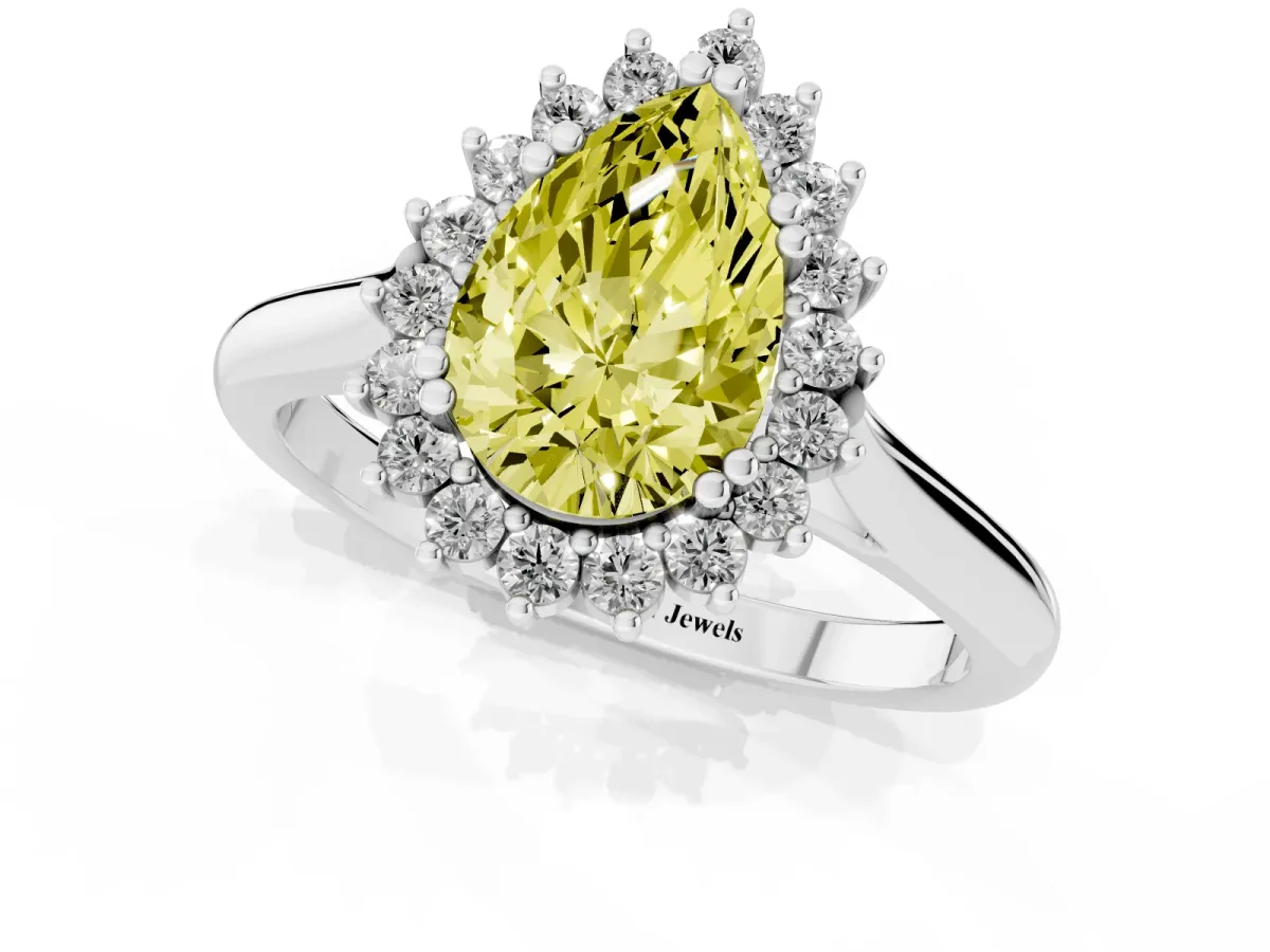 Fancy Yellow Pear Cut Cut Diamond Halo Ring with Solitaire Band and Prong Setting Silver
