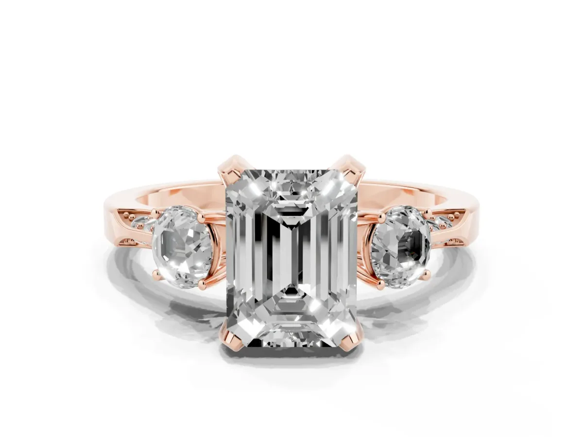 Fancy Green Emerald Cut Brilliant Three-Stone Diamond Ring with Pavé Band and Four-Prong Setting Rose gold