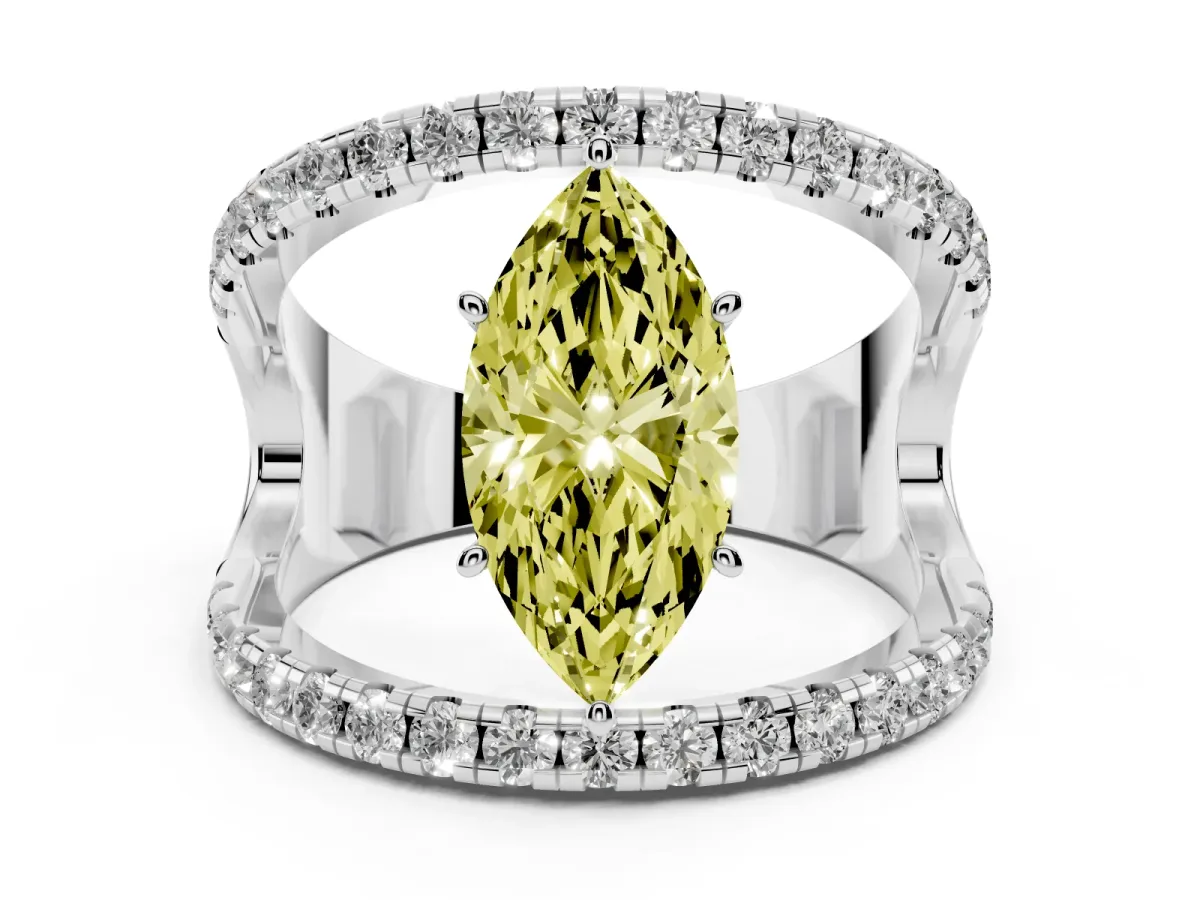 Fancy Yellow Marquise Cut Solitaire Split Shank Pave Diamond Ring Platinum