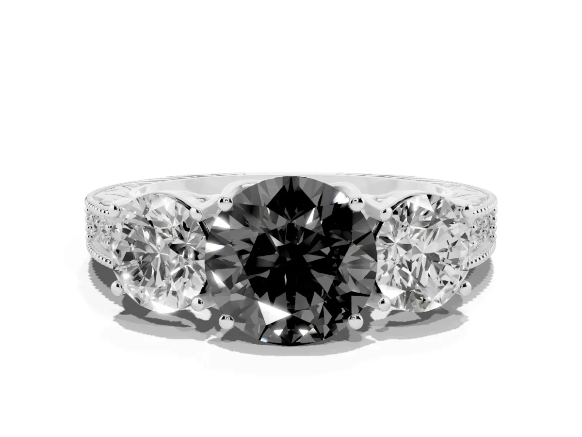 Fancy Black Three-Stone Round Cut Cut Milgrain Pavé Engagement Ring Silver