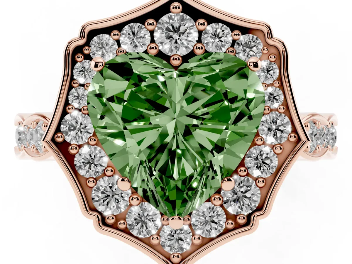 Fancy Green Heart Cut Halo Diamond Engagement Ring with Milgrain Band and Four-Prong Setting Rose gold