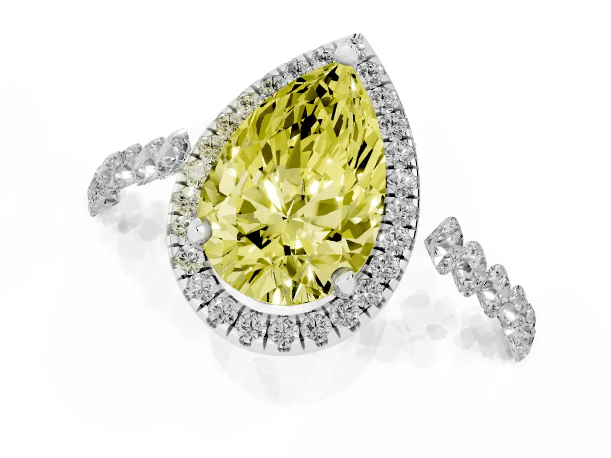 Fancy Yellow Pear Cut Halo Pavé Diamond Engagement Ring with Four-Prong Setting Silver