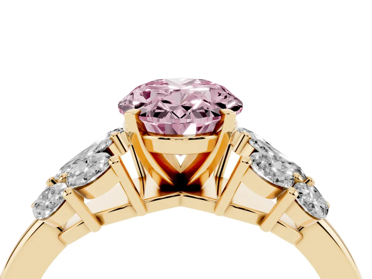 Fancy Pink Oval Cut Diamond Cluster Leaf Design Ring with Prong Setting Yellow gold