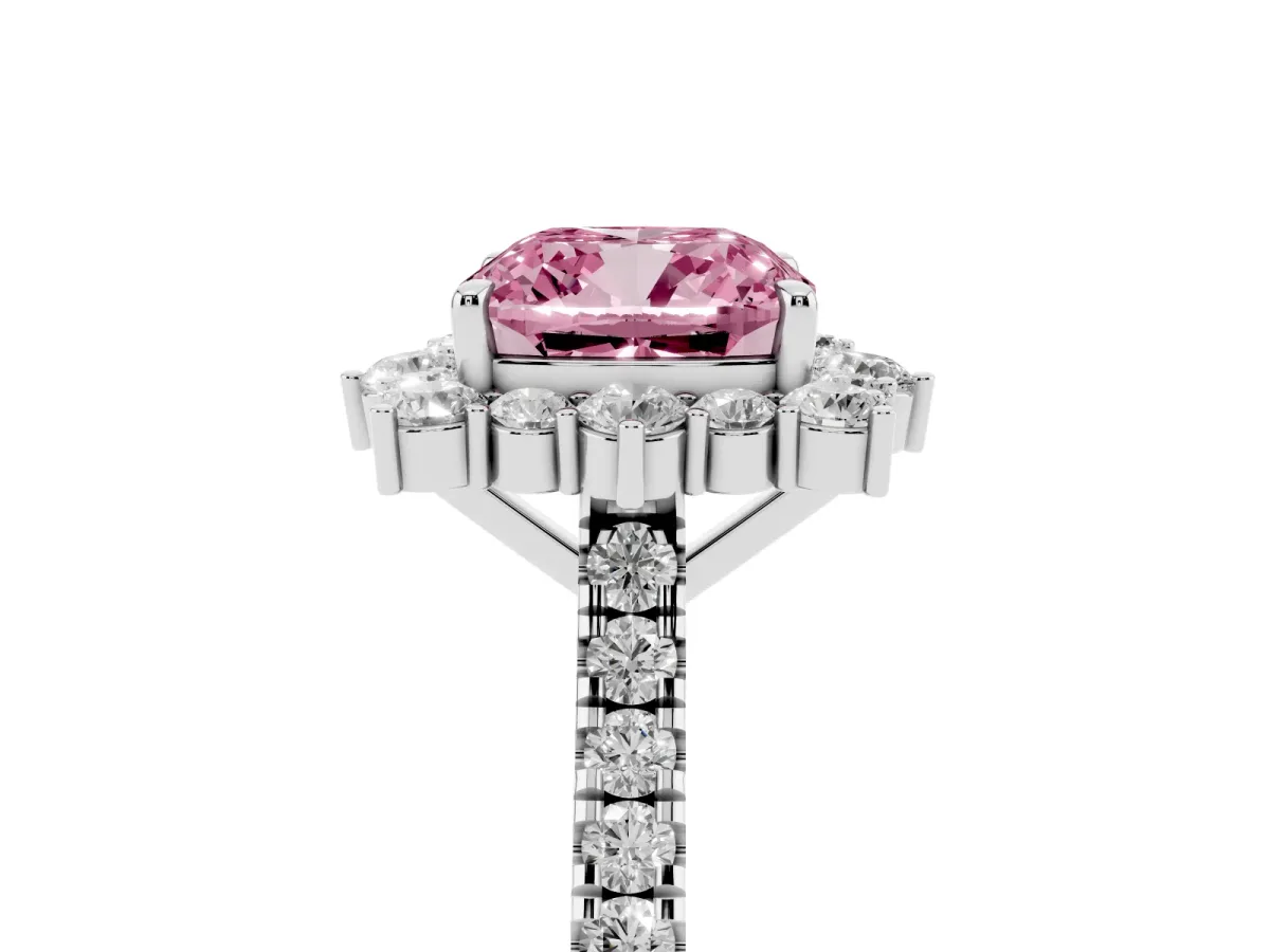 Fancy Pink Cushion Cut Halo Diamond Ring with Pavé Band and Prong Setting Silver