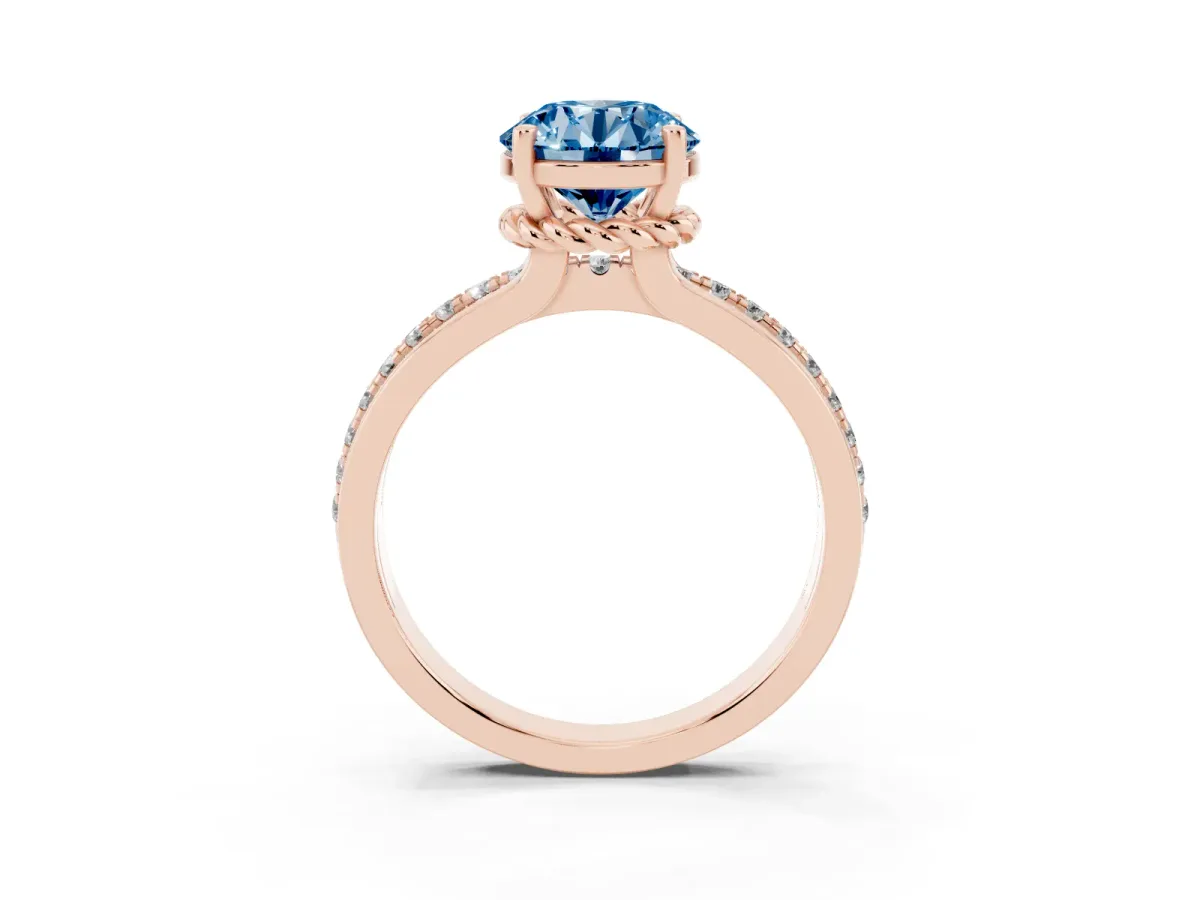 Fancy Blue Round Cut Solitaire Diamond Ring with Channel Set Band and Six-Prong Setting Rose gold